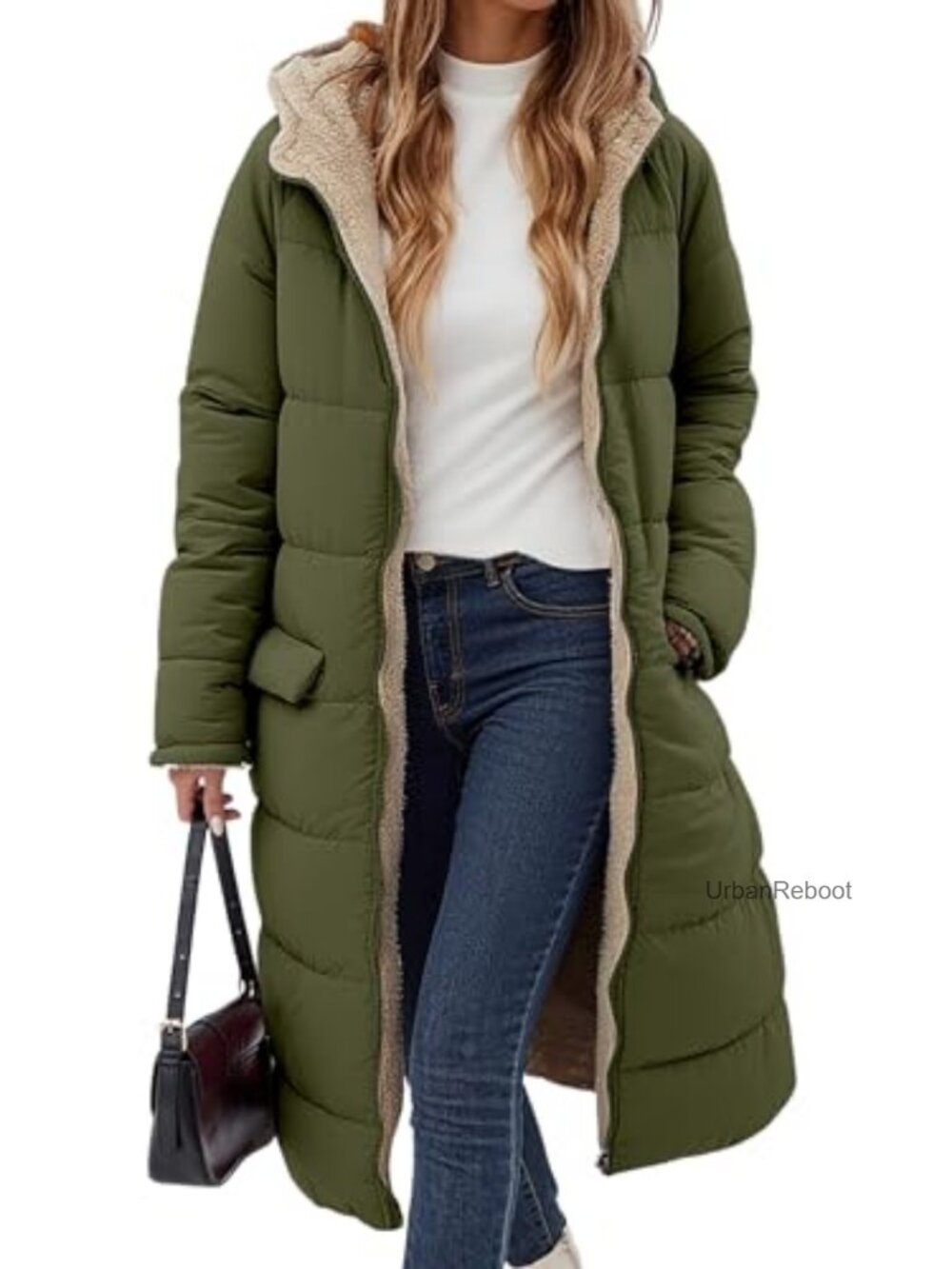 Reversible Fleece Sherpa Hooded Puffer Jacket Knee Length Winter Coat